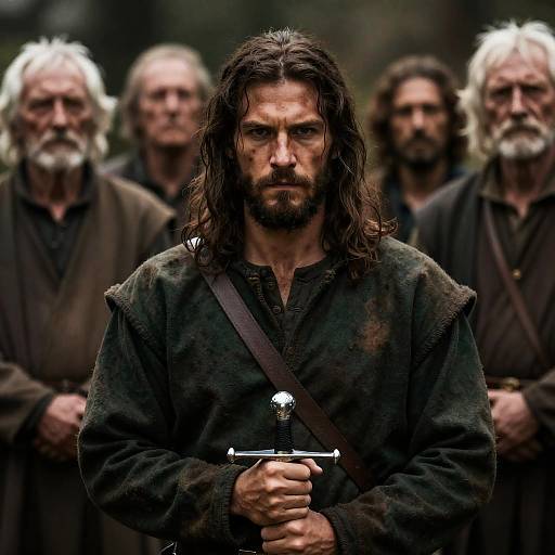 Rugged Warrior with Weathered Companions