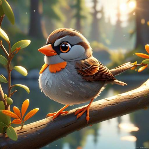 Charming 3D Cartoon Sparrow at Lakeside