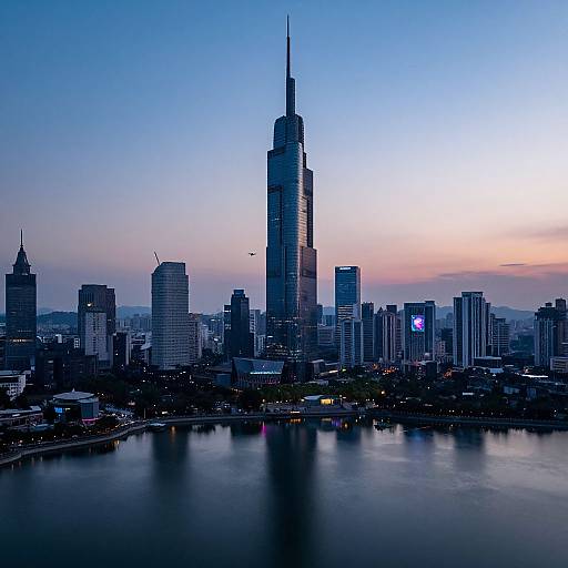 Photograph of a city skyline at dusk, featuring a tall, illuminated skyscraper with a spire, reflecting on a calm river. Gradual blue