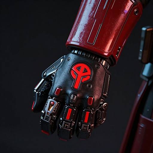 Photograph of a futuristic, metallic robotic hand with a red key symbol on the palm, glossy red and black armor, against a dark background.