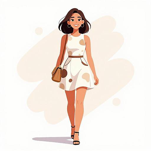 Digital illustration of a smiling, dark-haired woman in a white, sleeveless dress, tan belt, brown handbag, and black sandals, walking.