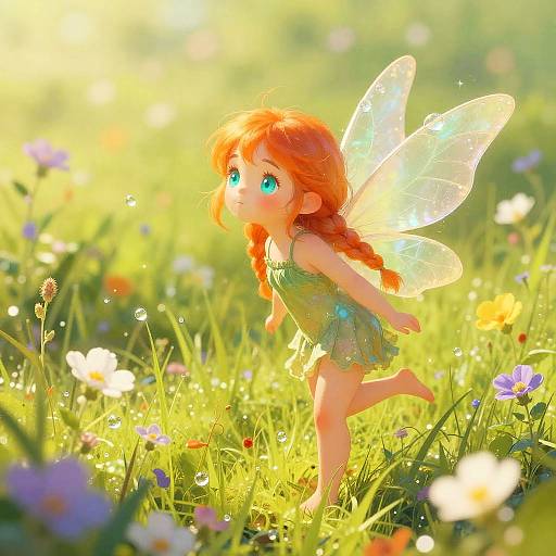 Digital anime-style drawing of a red-haired fairy girl with green dress and glowing wings, running through a sunlit, colorful meadow.