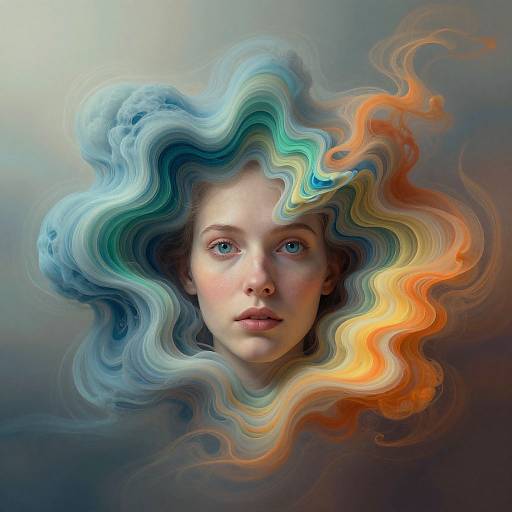 Digital art portrait of a young woman with flowing, multicolored hair in shades of blue, green, yellow, and orange, blending with a gradient