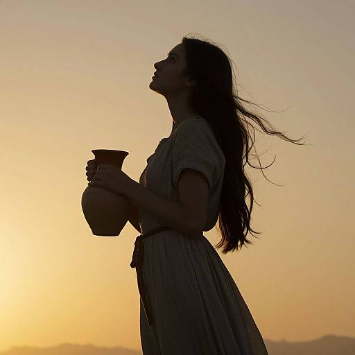 Silhouetted woman with long hair holding a clay pot, profile view, against a golden sunset sky, wearing a flowing dress.