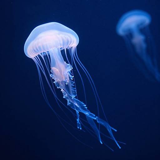 Photograph of a glowing blue jellyfish with translucent, flowing tentacles against a dark blue underwater background, with a second, blurred jellyfish in the