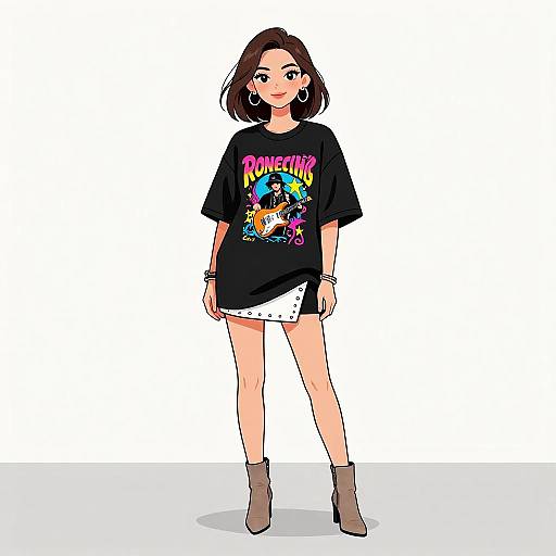 Digital illustration of a young woman with shoulder-length brown hair, wearing a black 