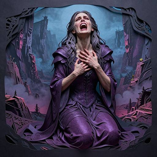 Digital artwork of a wailing woman in a purple, medieval-style dress kneeling in a dark, gothic castle landscape with towering structures and mist.