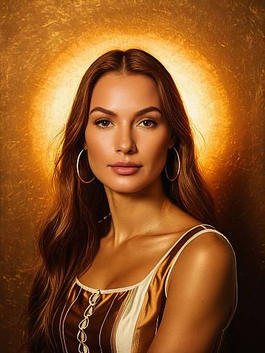 Woman in Golden Brown Dress with Hoop Earrings