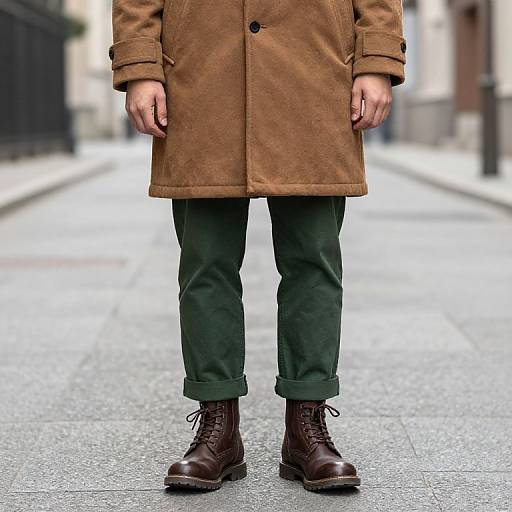 Photograph of a person wearing a brown wool coat, green pants, and brown boots standing on a city street.