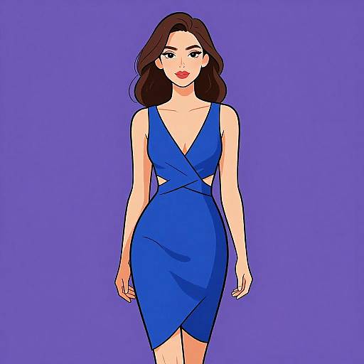 Digital illustration of a fair-skinned woman with dark brown wavy hair, wearing a sleeveless, deep V-neck, blue wrap dress against a solid