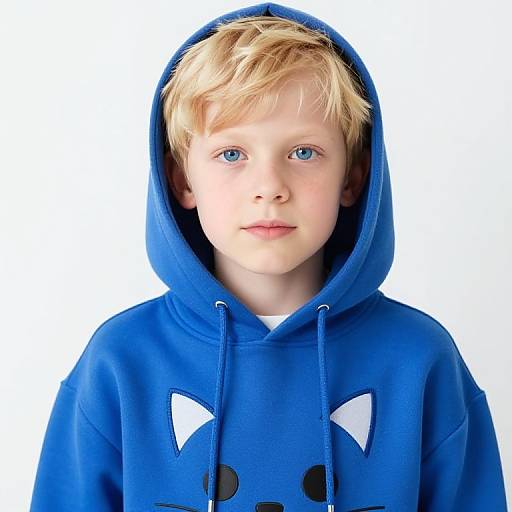 Blonde Boy in Blue Cat Hoodie