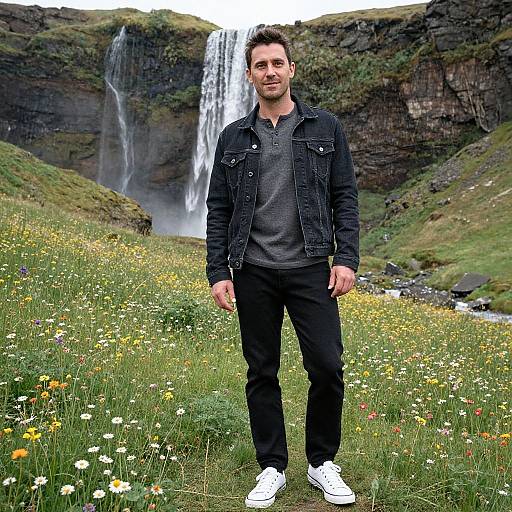 Photograph of a Caucasian man with short brown hair, wearing a black denim jacket, gray shirt, black pants, and white sneakers, standing in a