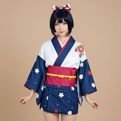 Photograph of an Asian woman with short black hair, wearing a navy and white floral kimono, red obi, and red-yellow obi belt