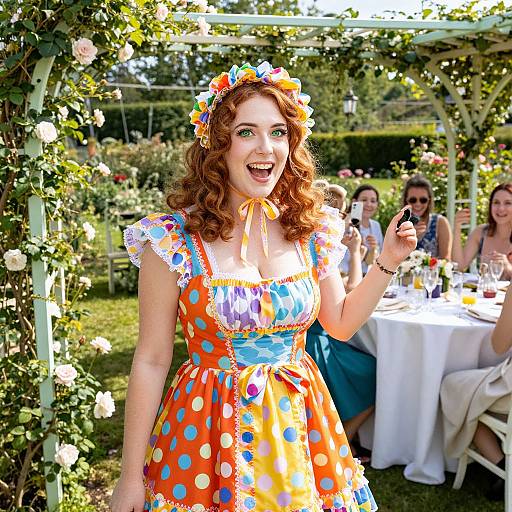 Photograph of a smiling red-haired woman in a colorful polka-dot dress and flower headband, standing outdoors at a garden wedding.