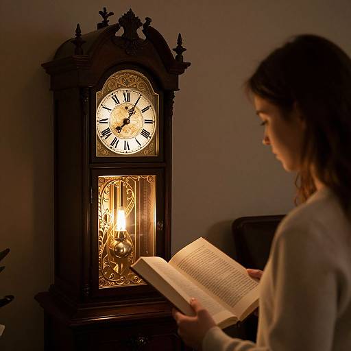 Photograph of a young woman with brown hair reading a book in dim light beside an ornate, lit wooden grandfather clock.