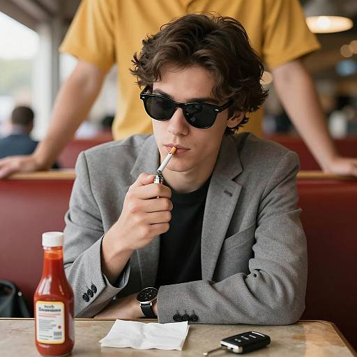 Stylish Man in Red Booth Setting