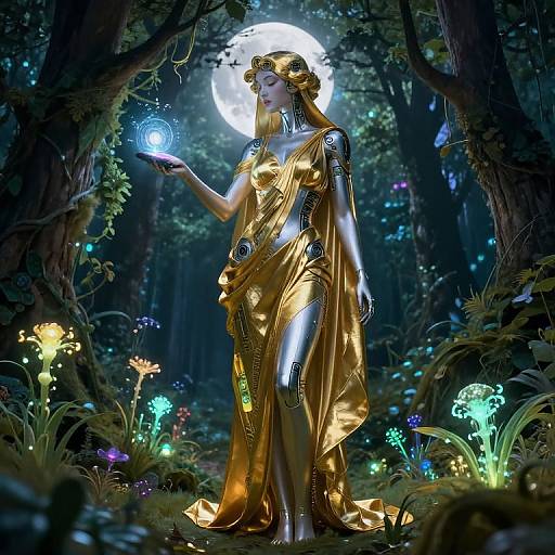 Digital art of a golden, robotic woman with glowing eyes, holding a blue orb, standing in a magical forest under a full moon.