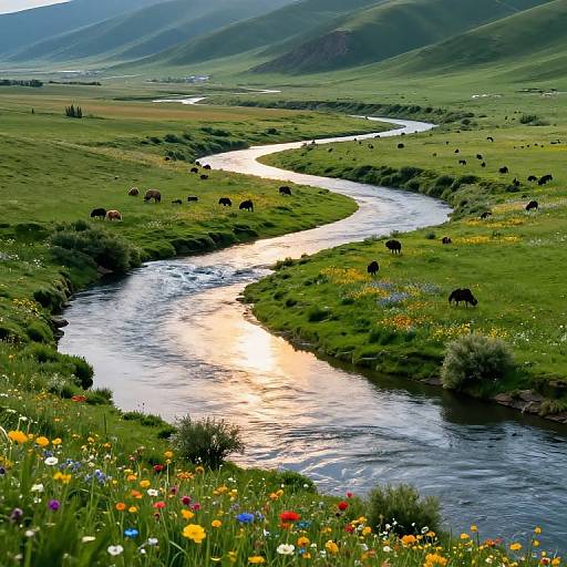 Photograph of a winding river reflecting sunlight, surrounded by green hills, wildflowers, and grazing cows, with distant mountains in the background.