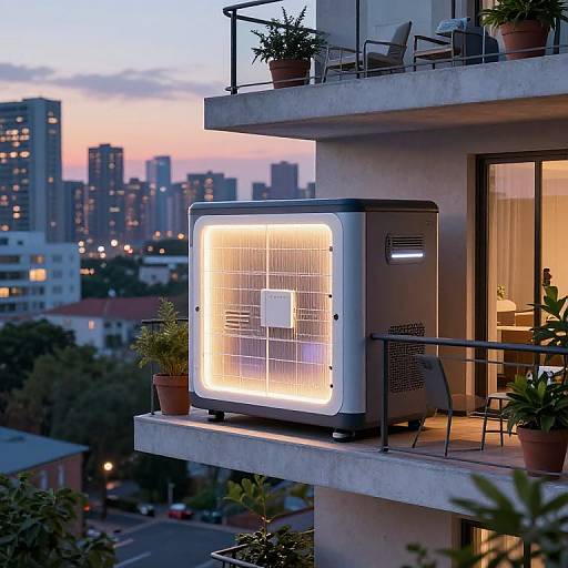 Photograph of a modern, glowing electric heater on a concrete balcony at sunset, with city skyline, potted plants, and evening lights.