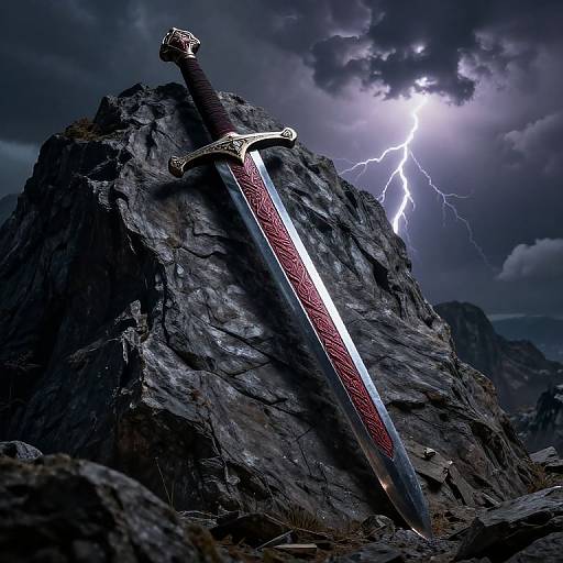 Photograph-style digital artwork of a red-ornamented sword with a lightning bolt striking in a dark, stormy mountainous landscape.