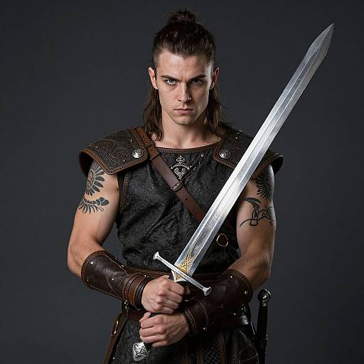 Photograph of a muscular, serious-looking man with long dark hair in a ponytail, holding a large sword. He wears black armor, leather br