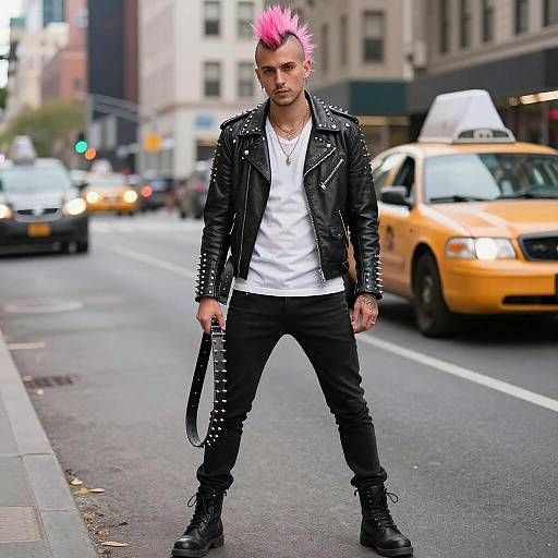 Young Man with Pink Mohawk on City Street