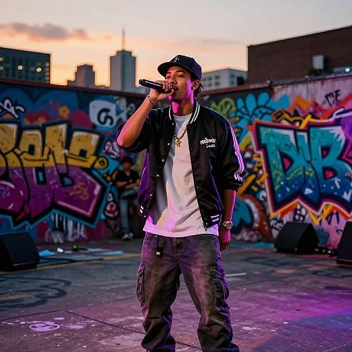 Photograph of a male rapper in a black jacket and cap, white t-shirt, and jeans, singing into a microphone in a graffiti-covered urban rooftop