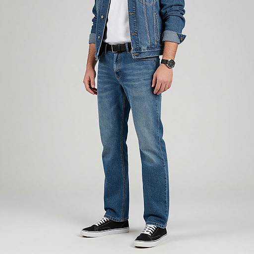 Photograph of a person wearing a blue denim jacket, white t-shirt, blue jeans, and black sneakers, standing against a white background.