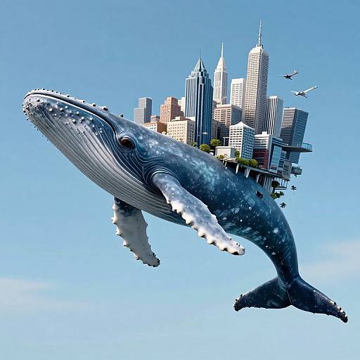 Digital art of a massive blue whale with skyscrapers on its back, flying through a bright blue sky with small birds nearby.