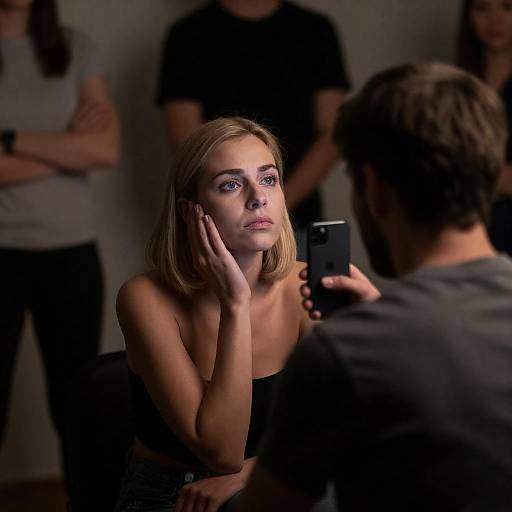 Serious Blonde Woman in Dimly Lit Room