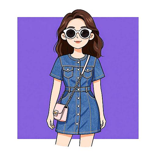 Digital illustration of a young woman with brown hair, wearing round white sunglasses, blue denim dress, and pink crossbody bag, set against a solid purple