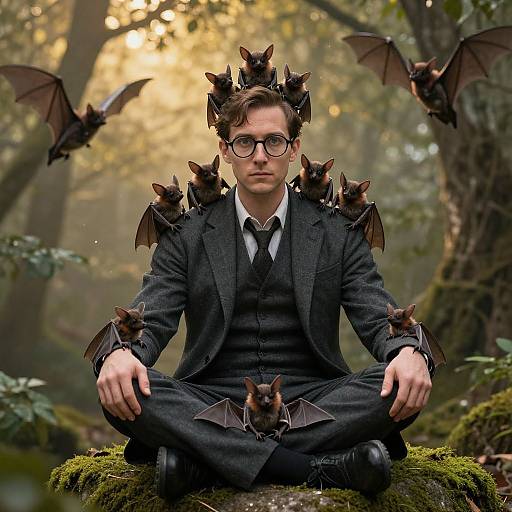 Photograph of a bespectacled man in a dark suit, sitting cross-legged in a forest, surrounded by numerous bat sculptures.