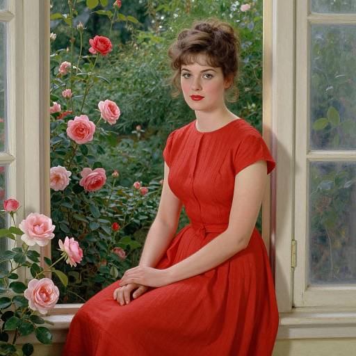 Photograph of a fair-skinned woman with brown hair in an updo, wearing a red dress, sitting in a window with pink roses, green