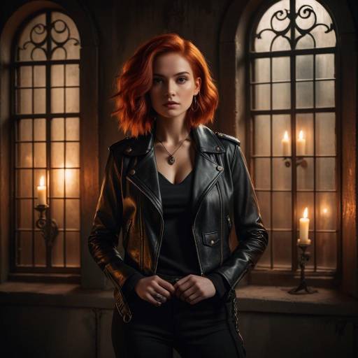 Redhead Woman in Leather Jacket with Candles