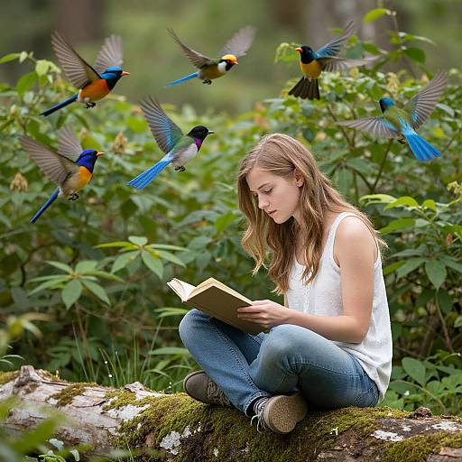 Photograph of a young woman with long brown hair, wearing a white tank top and blue jeans, reading a book on a mossy log, surrounded