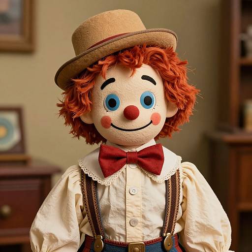 Photograph of a colorful, traditional clown doll with red hair, blue eyes, red nose, white shirt, red bowtie, and brown hat,
