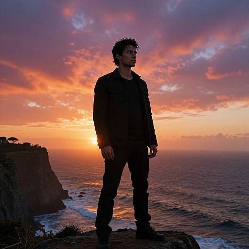 Silhouetted man with spiky hair stands on cliff at sunset, ocean waves below, vibrant orange and purple sky in background. Photograph.