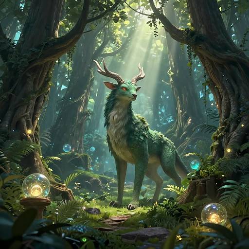 Digital fantasy art: A majestic, green-furred deer with antlers stands in a luminous, enchanted forest, surrounded by glowing orbs and sunlight filtering