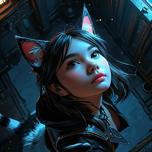 CGI digital artwork of a young Asian woman with cat ears, glowing blue eyes, and black hair, in a dark, industrial setting.