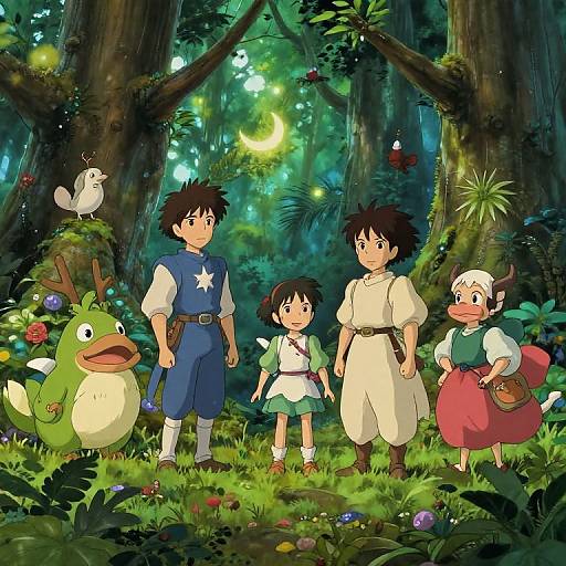 Anime-style forest scene with five children and a duck-like creature, surrounded by glowing fireflies, a crescent moon, and a bird.