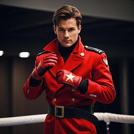 Man in Red Military-Style Coat with Gloves