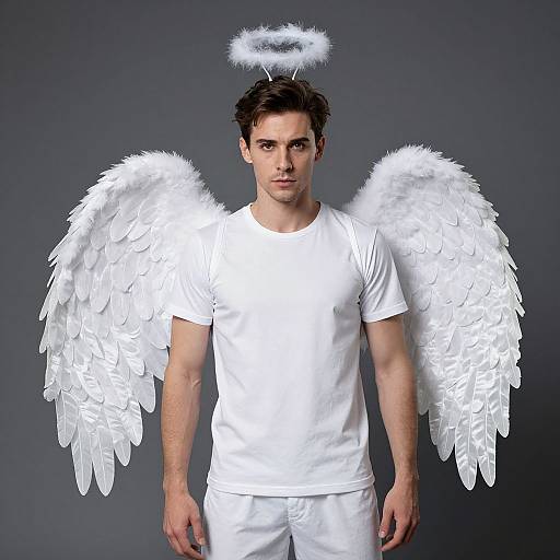Photograph of a handsome man with short dark hair, wearing a white t-shirt and pants, white angel wings, and halo, standing against a gray