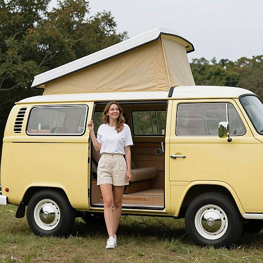 Vintage Yellow Camper Van with Woman