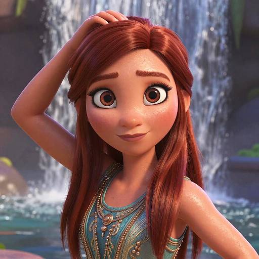 Digital CGI of a cute, wide-eyed, red-haired girl with freckles, wearing an ornate blue top, standing in front of a waterfall