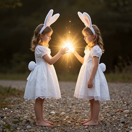 Photograph of two young girls in white dresses and bunny ears, barefoot, standing on a gravel path, holding hands and gazing at a bright