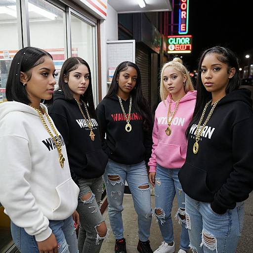 Photograph of five young women in a nighttime urban setting, wearing black and white hoodies, ripped jeans, gold necklaces, standing in front of