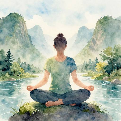 Digital watercolor painting of a woman in a green shirt and black pants, meditating cross-legged by a serene mountain river.