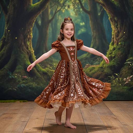 Photograph of a smiling young girl with fair skin and brown hair, wearing a sequined brown dress with puffed sleeves, a gold crown, and