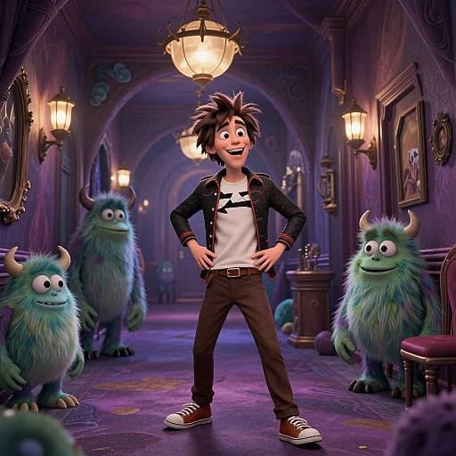 CGI image of a smiling, spiky-haired boy in a black jacket, white tee, and brown pants, standing confidently in a dimly lit