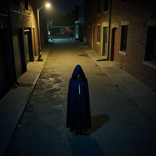 Photograph: Mysterious figure in dark blue hooded cloak stands alone on dimly lit, empty, cobblestone street at night. Street lamps